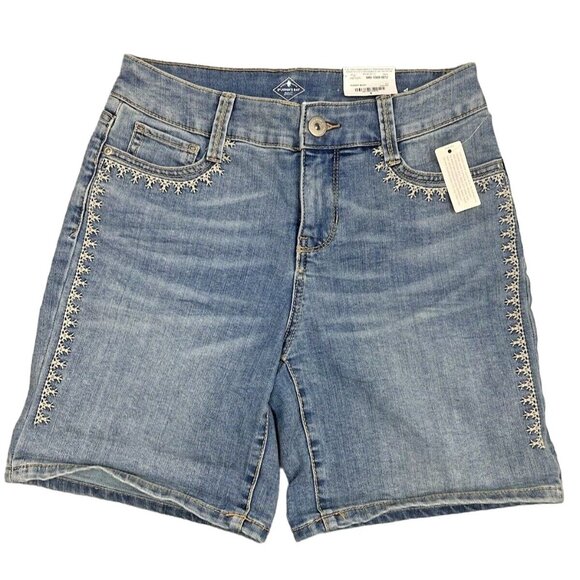 St Johns Bay Denim Jean Shorts Womens Size 4 Sunset Wash Embroidered Mid-Rise - Picture 1 of 15